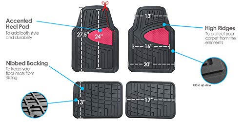 FH Group Premium Liners Tall Channel Trimmable All Weather Rubber Full Set Car Floor Mats (Pink) w. Trimmable All-Season Cargo Liner (Black) - Universal Fit for Cars Trucks and SUVs - color: Pink, style: With Cargo Mats