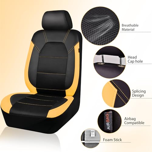 CAR PASS Leather Seat Covers, Breathable Universal Car Seat Cover Full Set for Cute Women Girly,5mm Composite Sponge Inside,Airbag Compatible Fits Most Auto,SUVs,Trucks,Vans(Full Set,Black&Yellow) - color: Black Yellow, size: Full Set