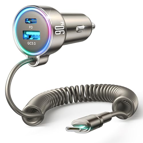 USB C 90W Car Charger for iPhone 17/16 Pro Max, PD & QC3.0 w/5 ft 45W Type C Coiled Cable, Fast Car Phone Charger Adapter for iPhone 17Air/15 Pro, Samsung Galaxy S25/S24/S23, Pixel 10/LG/Android, iPad - color: Titanium - 5 FT