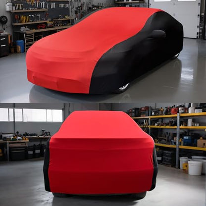 Indoor Car Cover, Stretch Satin Soft Dust Protection, Universal Fit for 189-205 Inch Sedans, Breathable Full Car Cover for Garage, Car Show, Windproof with Storage Bag, Red & Black - size: XXL (FIT 200*70*47inches)