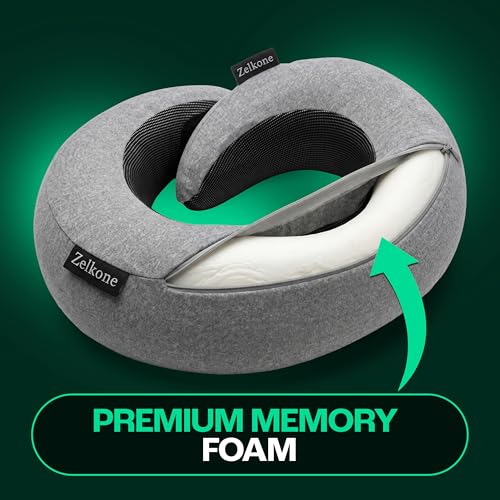 Travel Neck Pillow Memory Foam – Best Airplane Neck Pillow for Long Flights, Soft Ergonomic Neck Support, Compact Travel Pillow for Plane & Car, Airplane Travel Essentials