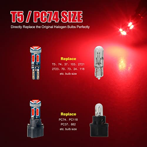 High Bright Red T5 37 74 PC74 PC37 LED Bulb with Twist Lock Socket for Dashboard Instrument Panel Gauge Cluster Light and Map Vanity Mirror Glove Box Indicator Light - color: Red