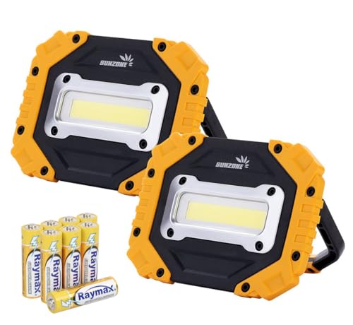 Sunzone Portable LED Work Light,AA Battery Powered Flood Lights,Super Bright Workshop Job Site Lighting for Camping, Hiking, Fishing, Car Repair with Emergency SOS Mode (2 Pack) - color: 2 Pack Yellow, size: AA Battery model