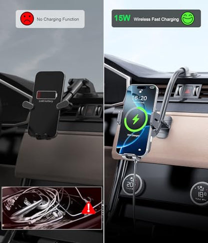 MOKPR Wireless Car Charger, Adjustable Gooseneck Car Mount Auto-Clamping Car Charger, Dashboard [with Anti Shake stabilizer] Phone Holder fit for iPhone 17 16 15 14 13 12, Samsung,with QC 3.0 - style: Dash with QC 3.0