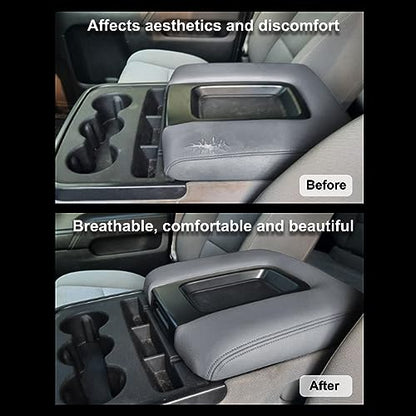 SecosAutoparts Dark Gray Center Console Lid Armrest Cover Leather Replacement Compatible with Chevy Silverado 2014-2018 Compatible with GMC Sierra 2014 2015 2016 2017 2018 Only Leather Part - color: Dark Gray Leather & Gray Stitch
