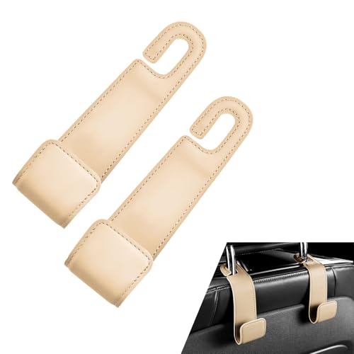 2PCS Car Headrest Hooks, Car Seat Hooks for Purses and Bags, Microfiber Leather & Metal Hooks, Car Organization Accessories for Grocery Bag Handbag (Beige) - color: Beige