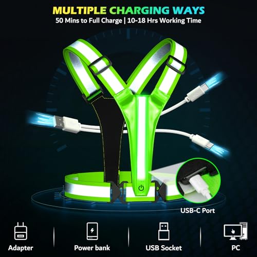 Led Light Up Running Vest Reflective Vest for runners night walking, Rechargeable Reflective Running Vest High Visibility - color: Green
