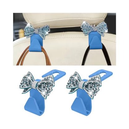 Zpana Bling Car Headreat Hook, 2PCS Crystal Rhinestone Cute Bow Vehicle Seat Back Hanger Storage for Purses Bags Grocery, Diamond Auto Rear Seat Organizer, Universal for SUV Truck Sedan (Light Blue) - style: Light Blue/2PCS
