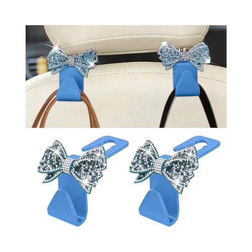 Zpana Bling Car Headreat Hook, 2PCS Crystal Rhinestone Cute Bow Vehicle Seat Back Hanger Storage for Purses Bags Grocery, Diamond Auto Rear Seat Organizer, Universal for SUV Truck Sedan (Light Blue) - style: Light Blue/2PCS