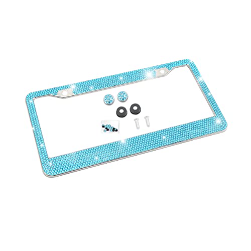 Bling Car License Plate Frame, Sparkly Rhinestone Stainless Steel License Plate Cover/Holder, Universal for Most Cars, SUVs, Vehicles with Screw Set, Auto Accessories for Women (Light Blue) - color: Light Blue, size: 1PCS