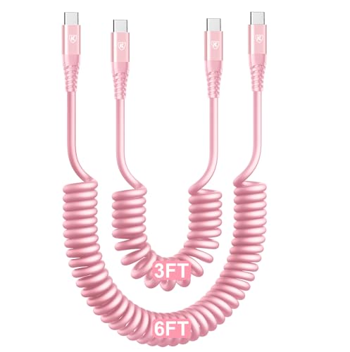 USB C to USB C Cable [3FT+6FT], 2Pack Coiled USBC Cable for Car USB Type C Fast Charging Cable, CarPlay iPhone USB-C Cable/Android Auto USB C Cord for iPhone 17/16/ 15/Pro Max/Samsung Galaxy S23-Pink - color: Pink, size: 3FT+6FT