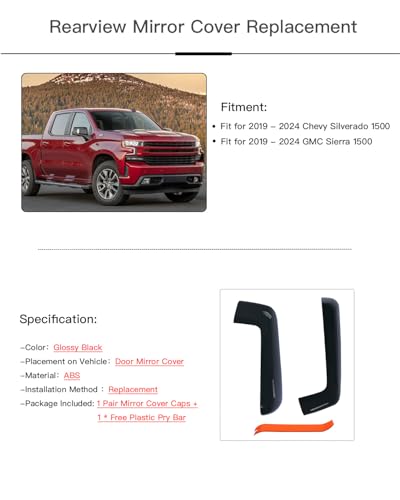 Mirror Cover Cap Trim Compatible with 2019-2024 Chevy Silverado 1500, GMC Sierra 1500 Glossy Black - color: Glossy Black