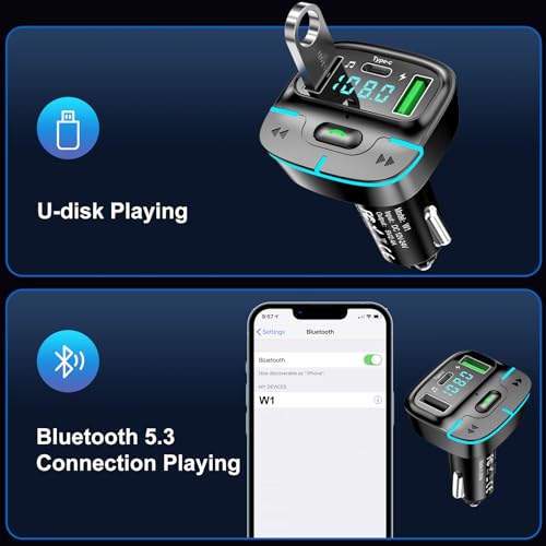 Bluetooth Car Adapter, Wireless Radio Adapter USB C Car Charger MP3 FM Transmitter, Support U Disk/Hands Free Calling