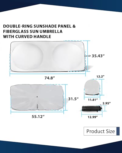 Retractable Windshield Sun Shade for car Windshield Sun Shade,99% UV Blocking,Long-Frequency and Short-Frequency Demand,X-Large(Sunshade 74.8"x35.43",Umbrella 55.12"x31.5") - size: X-Large