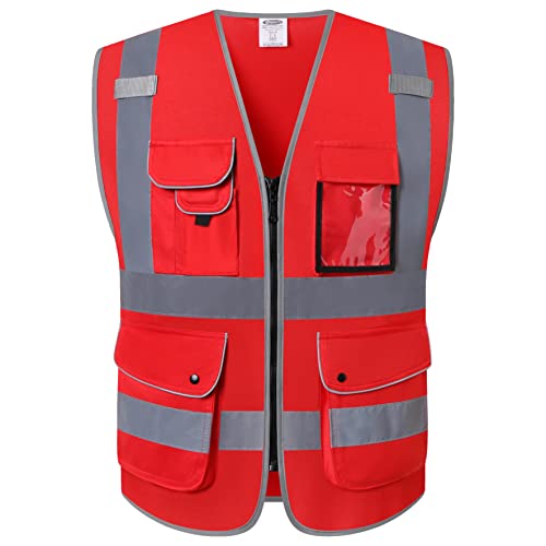 JKSafety 9 Pockets High Visibility Zipper Front Safety Vest With Reflective Strips,Meets ANSI/ISEA Standard (Medium, 150-Red) - color: Red, size: Medium