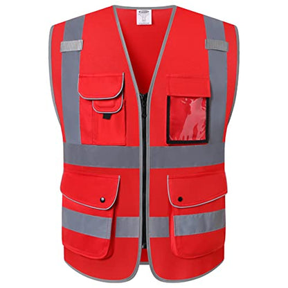 JKSafety 9 Pockets High Visibility Zipper Front Safety Vest With Reflective Strips,Meets ANSI/ISEA Standard (Medium, 150-Red) - color: Red, size: Medium