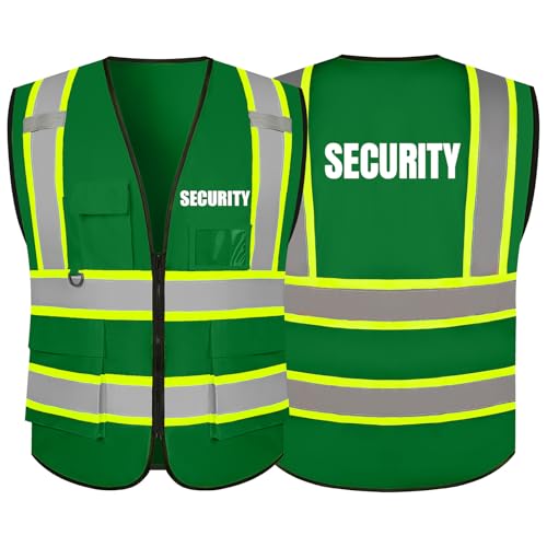 Security Safety Vest with Knit Fabric High Visibility Durable Reflective Vest with Zipper 5 Pockets for Work & Sports - color: A-green, size: XX-Large