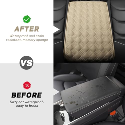 Car Armrest Cushion, 12.2"×8.3" Leather Auto Memory Foam Center Console Pad with Storage Pocket, Waterproof & Anti-Scratch Elbow Pillow Armrest Seat Box Protector, Universal Fit (Beige) - color: Beige