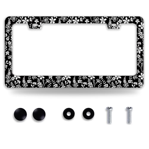 Beautiful Black White Wild Flowers License Plate Frame Stainless Steel Floral License Plate Holder Colorful Auto Accessory for Women 12 x 6 Inch - color: Black White Wild Flowers Floral