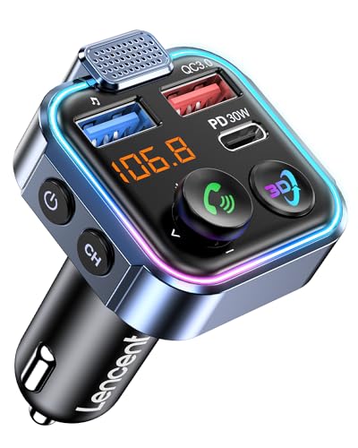 LENCENT Bluetooth 5.3 FM Transmitter, Wireless Radio Adapter Car Kit with Type-C PD 30W+ QC3.0 Fast USB Charger, Hands-Free Calling, Audio Stereo Mp3 Player Receiver, Supports U Disk, Color Light - size: Colorful-48W