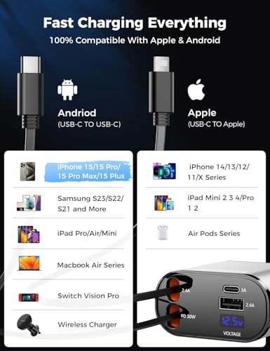 SUPERONE 【Upgraded】 Retractable Car Charger 4 in 1, Fast Car Phone Charger with Cord 2.6ft, USB C and Apple Car Charger Adapter, Compatible with iPhone 17/16/15/15 Pro Max/14/13/12/11, Galaxy, Pixel - color: Silver