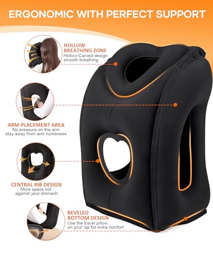 Sunany Travel Pillow, Upgraded Plane Pillow for Long Flights, Inflatable Neck Pillow Used for Airplanes,Cars,Buses,Trains,Office Napping with Eye Mask,Earplugs (Black) - color: Black (Head Heart-shape&sloping Base)
