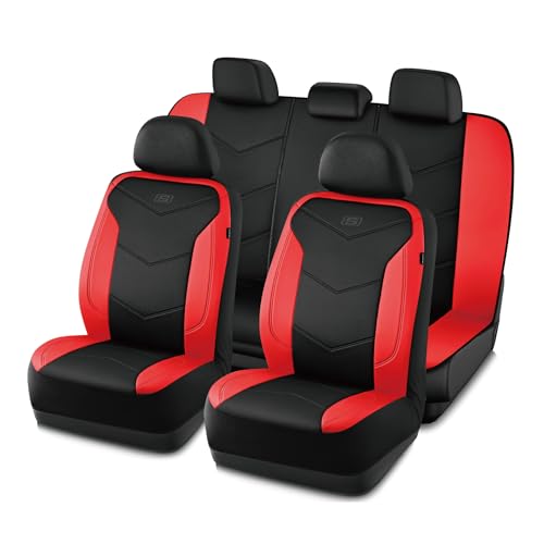 Skechers Memory Foam Seat Covers,Leather Car Seat Covers, Ultimate Comfort & Support Seat CoversFull Sets,Airbag Compatible, Automotive Universal Fit Most for SUVs, Vans, Sedans, Cars, Trucks,Red - color: Black and Red, size: Full Set (Front & Rear)