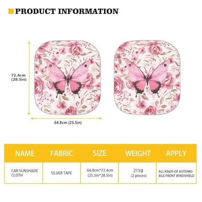 Pink Butterfly Car Sun Shade for Windshield, 2-Pack, Universal Fit, 28.5 x 25.5 inches, Butterfly Print - color: Pink Butterfly