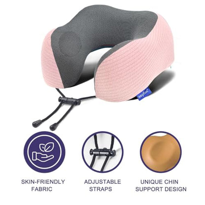 napfun Neck Pillow for Travel with Travel Pouch, Sleep Mask & Earplugs, Memory Foam Airplane Pillow for Headrest Sleep with Eyeshades, Plane Essentials with Eye Blindfold, Pink Striped Kit - color: Pink Striped Kit