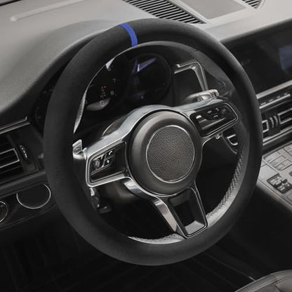 Suede Steering Wheel Cover with Upgraded Silicone Inner Ring, Breathable, Anti-Slip, Leather Universal 14.5 to 15 Inch Steering Wheel Cover (Black with Blue Mark) - style: Black with Blue Mark
