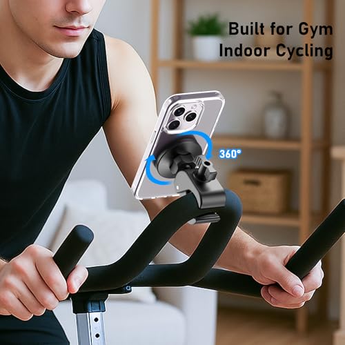 Magnetic Phone Holder Clamp Mount – 20 x N52 Strong Magnet Mount for Gym, Spin Bike (Fits Peloton), Treadmill, Stroller, Golf Cart, Shopping Cart – Compatible with Mag-Safe iPhone 12-17 Series
