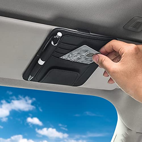 Small Leather Sun Visor Organizer for Car and Truck - Sunglass Holder, Card Sleeve Pocket, Document Holder for Registration, Driving License, Insurance, Pen, Chapstick - color: Black, Classic Style