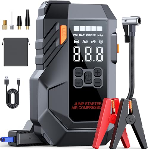10-in-1 Portable Car Battery Jump Starter with Air Compressor, Jump Starter 6000A 26800mAh 160PSI (All Gas/12L Diesel), 12V Jump Box Car Battery Jumper Starter Portable Jumper Cables, Lights - color: Grey-black