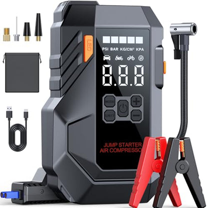 10-in-1 Portable Car Battery Jump Starter with Air Compressor, Jump Starter 6000A 26800mAh 160PSI (All Gas/12L Diesel), 12V Jump Box Car Battery Jumper Starter Portable Jumper Cables, Lights - color: Grey-black