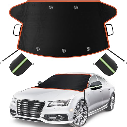 Car Windshield Cover for Ice and Snow, Windshield Snow Cover, Performance Brake Kits with Side Mirrors Cover, Fits Most Cars, Trucks, Vans, SUVs, Orange Strips - color: Orange Strips, size: Standard