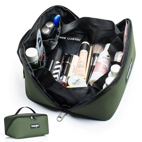 Wrangler Travel Toiletry Bag for Men & Women, Large Capacity Makeup Organizer with 4 Pockets, Water-Resistant Nylon, 180° Lay-Flat Cosmetic Bag with Handle & Double Zipper for Travel, Bathroom & Gym - color: Olive