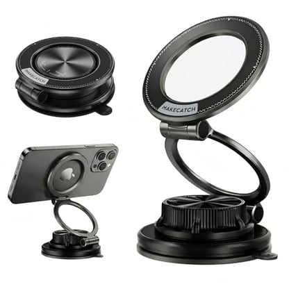 Magnetic Car Phone Mount, 0.83" Ultra-Slim Foldable Holder, [Vacuum Suction & Adhesive Pad] for Textured Dashboard/Windshield, 3-Joint Metal MagSafe Mount for iPhone 17 Pro Max/Pixel (Black) - color: Black