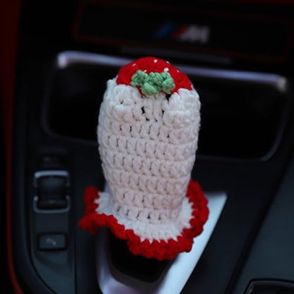 Crochet Shift Knob Cover, Universal Handmade White-Strawberry Boho Car Accessories for Women, Car Shift Boots Knobs Cover Automotive Interior Fits Car Truck SUV (63#SC) - color: 63#SC