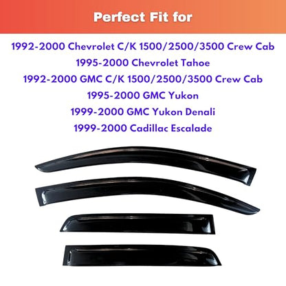 KPY Rain Guards Fit for 1992-2000 Chevrolet/GMC C/K 1500/2500/3500 Crew Cab, Out-Channel Window Visors Vent Deflector 4PC, 1995-2000 Chevy Tahoe/GMC Yukon, 1999-2000 GMC Yukon Denali/Cadillac Escalade - size: 1992-2000 C/K Crew Cab