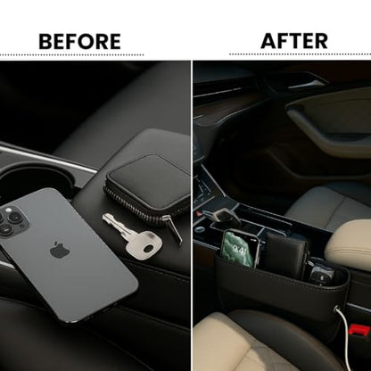 AC4®️ Universal Car Seat Gap Filler Organizer | Premium PU Leather Storage for Car, SUV & Trucks | Car Pocket Organizer for front seat, Cable Slots, Wallet, Sunglasses & Essentials.