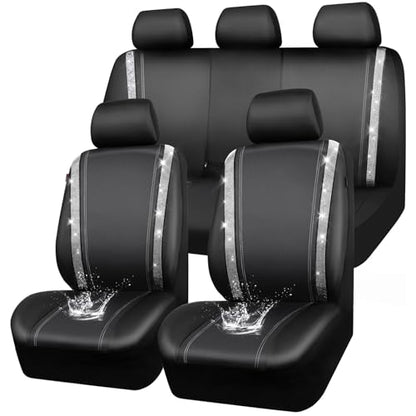 CAR PASS Bling Diamond Car Seat Covers Full Set, Shining Rhinestone Waterproof Faux Leather, Rear with Zipper, Universal Fit Automotive Glitter Crystal Sparkle Strips for Cute Women Girl, Silver - color: Black Diamond And Silver, size: Full Set
