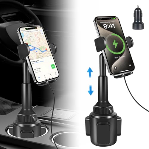 DEGUM Upgraded Wireless Car Charger, Cup Holder Phone Mount with 15W Fast Charging Phone Holder Adjustable Long Arm Height, Compatible with iPhone 16 15 14 13 Samsung LG and More (with Car Adapter)