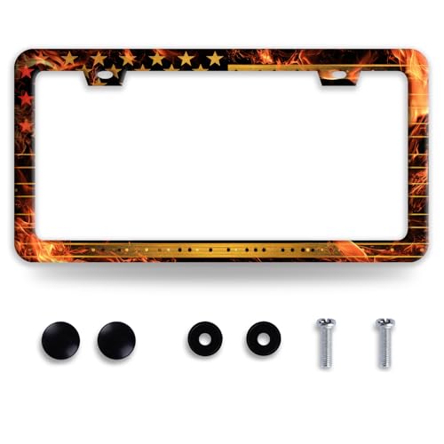 Flame American Flag License Plate Frame USA Flag Patriotic License Plate Frames Funny Stainless Steel Accessories Cars Decor with 2 Holes and Screws Fits Standard Us Ca Vehicles Holder 12.2 X 6 Inch - color: Flame American Flag