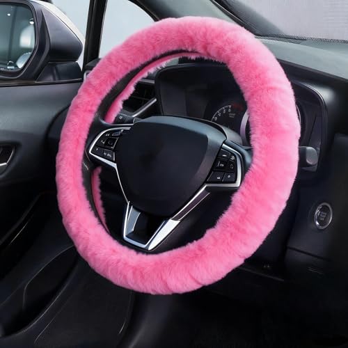 Furry Car Steering Wheel Cover, Fluffy Cover, Soft Warm Plush Non-Slip, 14 1/2-15 inch, for Women Girls, Pink - color: single cover - pink