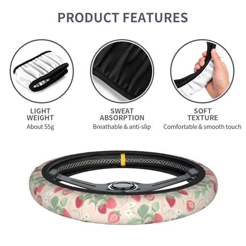 Strawberry Flowers Steering Wheel Cover - Strawberry Flower Steering Wheel Cover for Women Cute Car Breathable Universal for 14-15 Inch Anti-Slip 2 Pieces Car Coasters - color: Strawberry