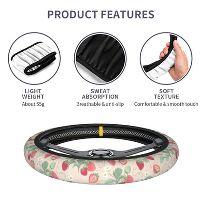 Strawberry Flowers Steering Wheel Cover - Strawberry Flower Steering Wheel Cover for Women Cute Car Breathable Universal for 14-15 Inch Anti-Slip 2 Pieces Car Coasters - color: Strawberry