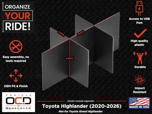 Vehicle OCD - Center Console Organizer for Toyota Highlander (2020-2026) - Made in USA - NOT for Grand Highlander - SLX175 - size: Highlander 2020-2026