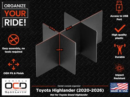 Vehicle OCD - Center Console Organizer for Toyota Highlander (2020-2026) - Made in USA - NOT for Grand Highlander - SLX175 - size: Highlander 2020-2026