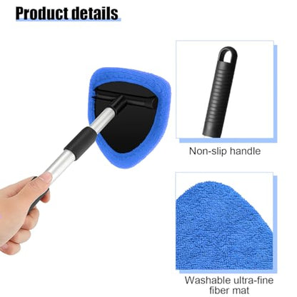 Car Windshield Cleaner Tool, Vehicle Window Detailing Cleaning Kit with Extendable Handle & 4 Washable Microfiber Pad, Auto Glass Wiper Cleaner for Exterior & Interior, Universal Fit (Blue) - color: Blue