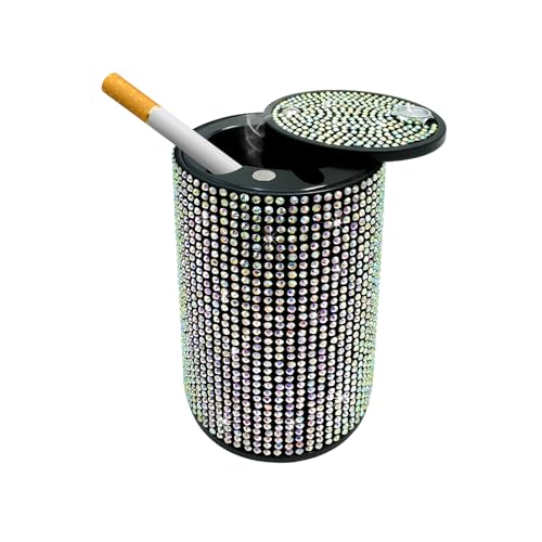 Bling Car Ashtray with Lid, Rhinestones Fireproof Auto Cup Holder Cigarette Ash Tray, Smokeless Crystal Diamond Ashtray Mini Trash Can for Women Girls, Car Accessories (Colorful) - color: Colorful